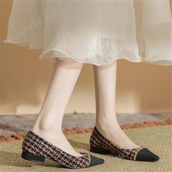 1502-E拼色平底夏季女鞋金属链饰洋气设计小众粗跟单鞋优雅低跟鞋